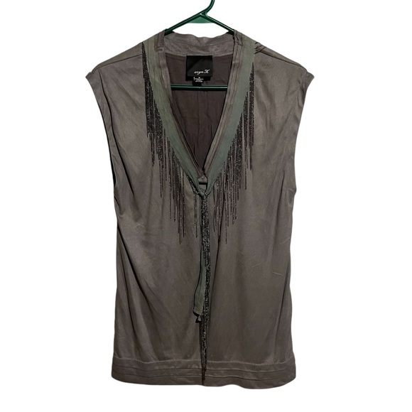 Aryn K Tank Top Women's Size M Grey Faux Leather Metal Chain Fringe Silk Lining - Picture 1 of 8